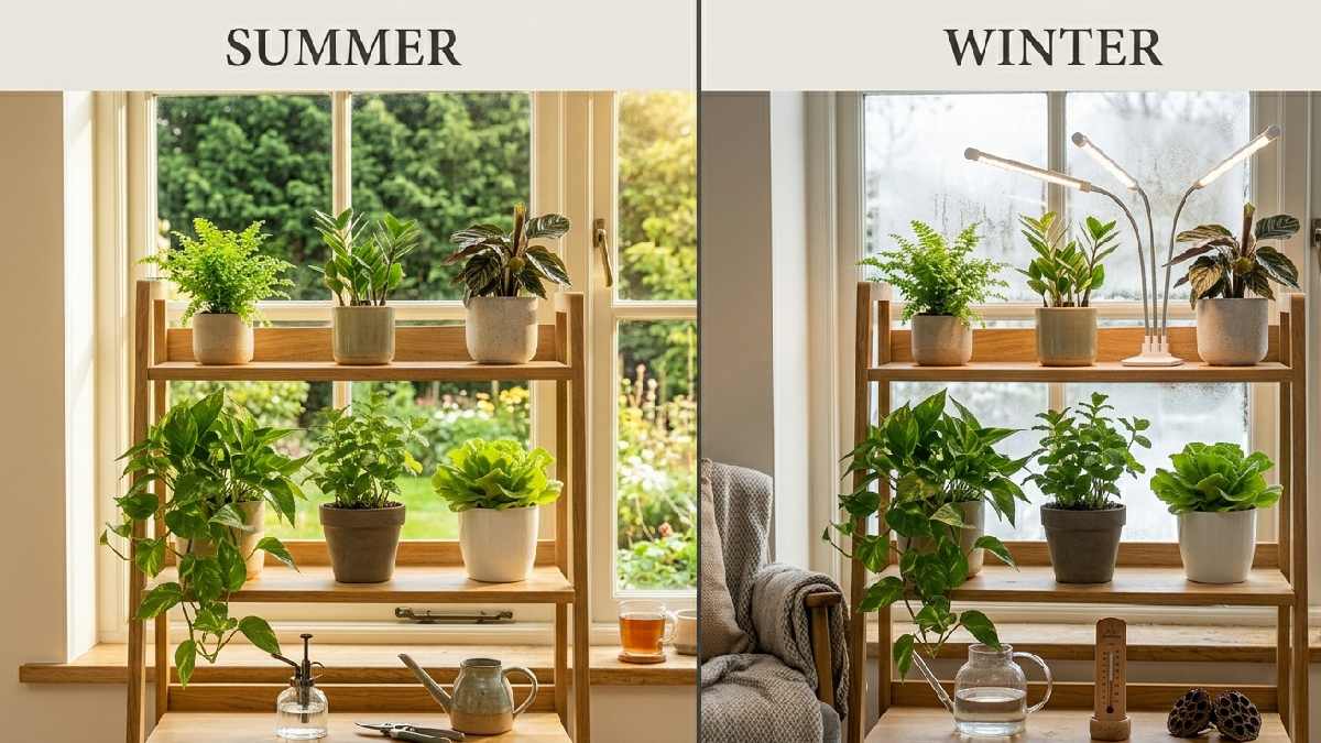 Indoor plants shown in summer sunlight and winter grow light conditions reflecting seasonal care adjustments for steady plant health. 