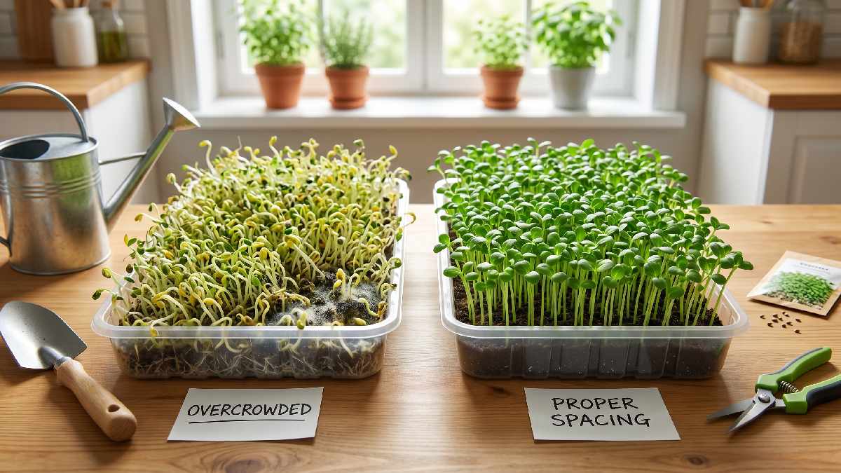 Avoid overcrowding seeds. Proper spacing improves airflow, light exposure, and healthy uniform microgreens growth indoors.
