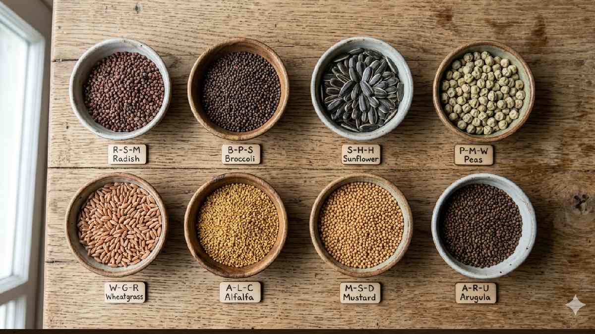 Different types of seeds used for growing hydroponic microgreens