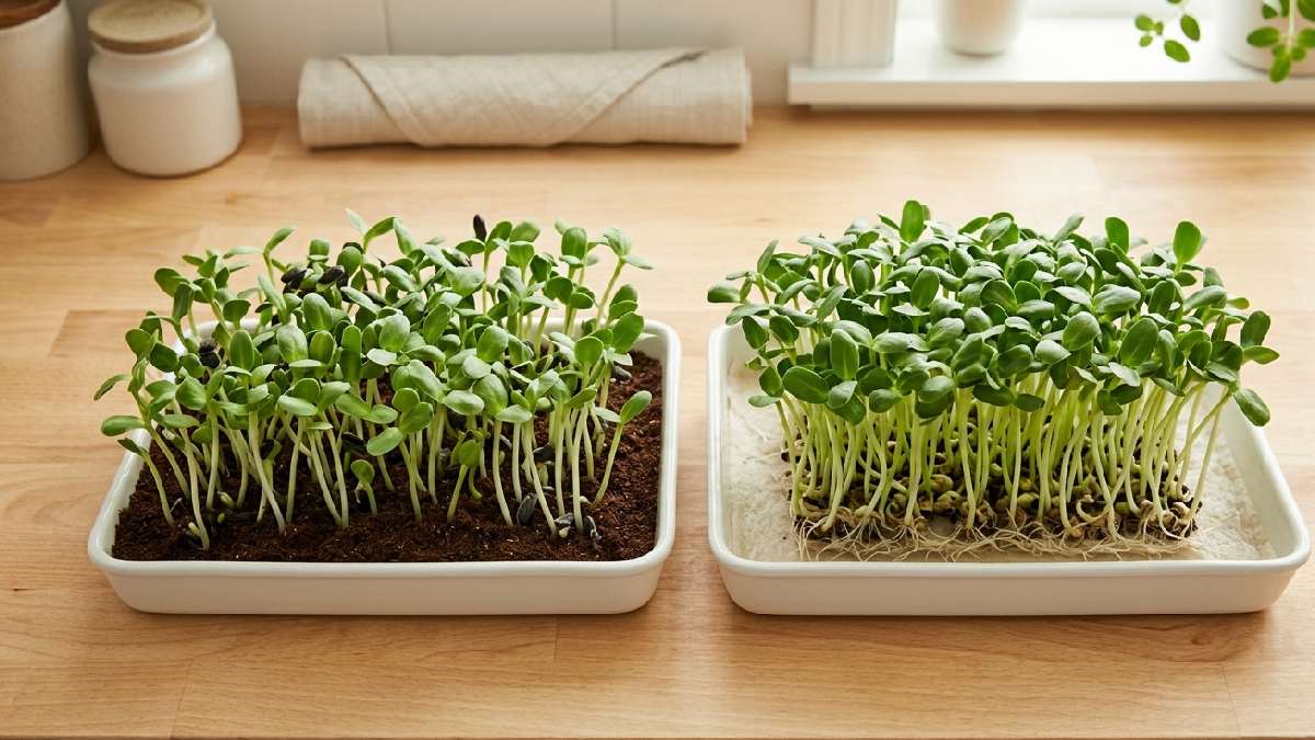 Soil feels stable, cocopeat stays light and easy, hydro mats also work well. Medium should feel soft and airy, moisture balance keeps seeds growing evenly across tray. 