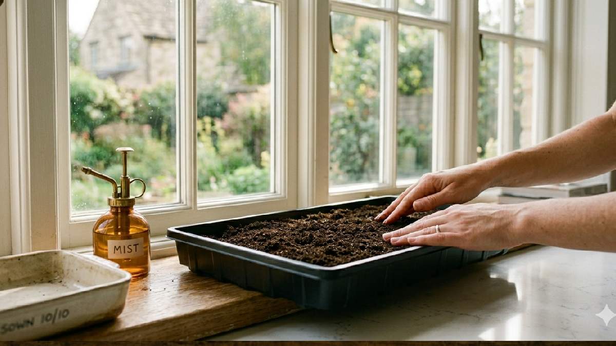 Hands leveling soil in a shallow tray to prepare the growing medium for microgreens at home