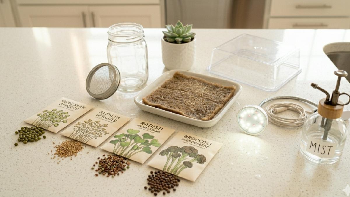 Seeds decide everything, fresh ones give cleaner growth. Pick mung or alfalfa for sprouts, radish or broccoli for microgreens, simple safe choices save many problems later. 