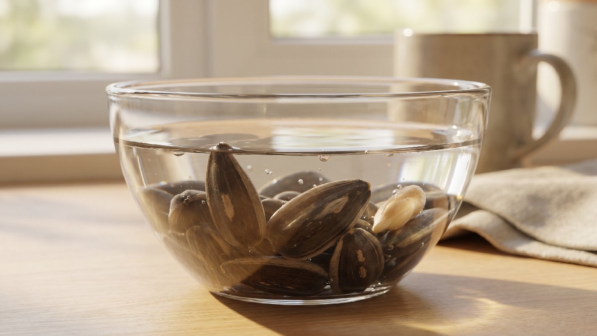 Soak sunflower seeds in clean water for 6 to 8 hours or overnight. Seeds swell and soften, germination becomes faster more consistent and even across tray. 
