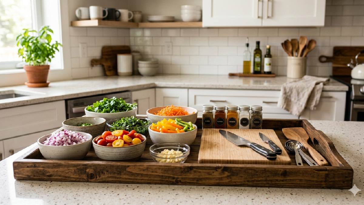 "A well-arranged kitchen tray with chopped vegetables, spices, and utensils ready for cooking."