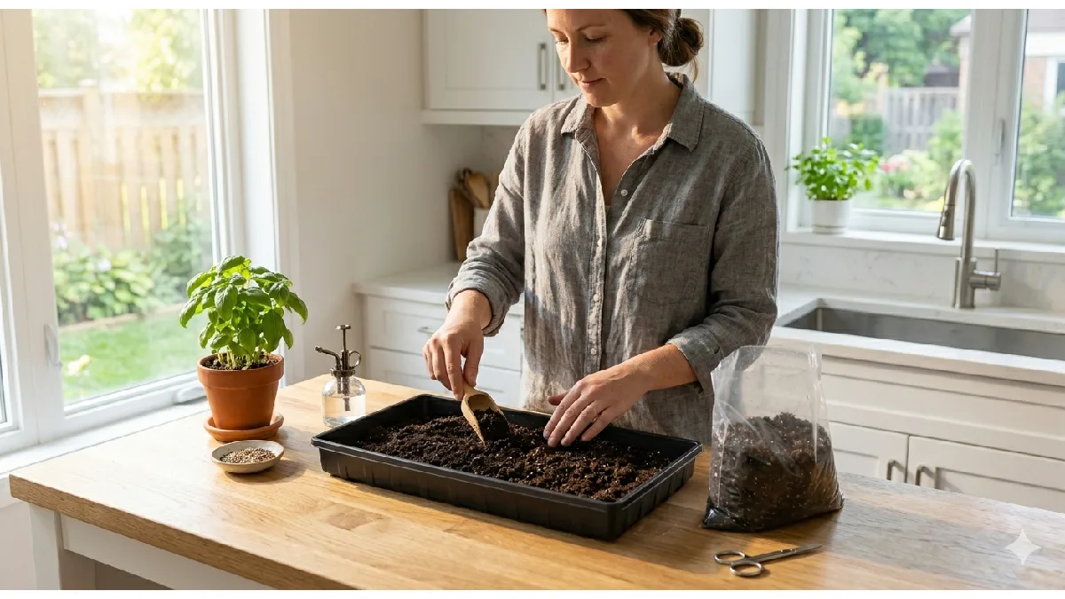 Preparing a tray with soil for microgreens.
