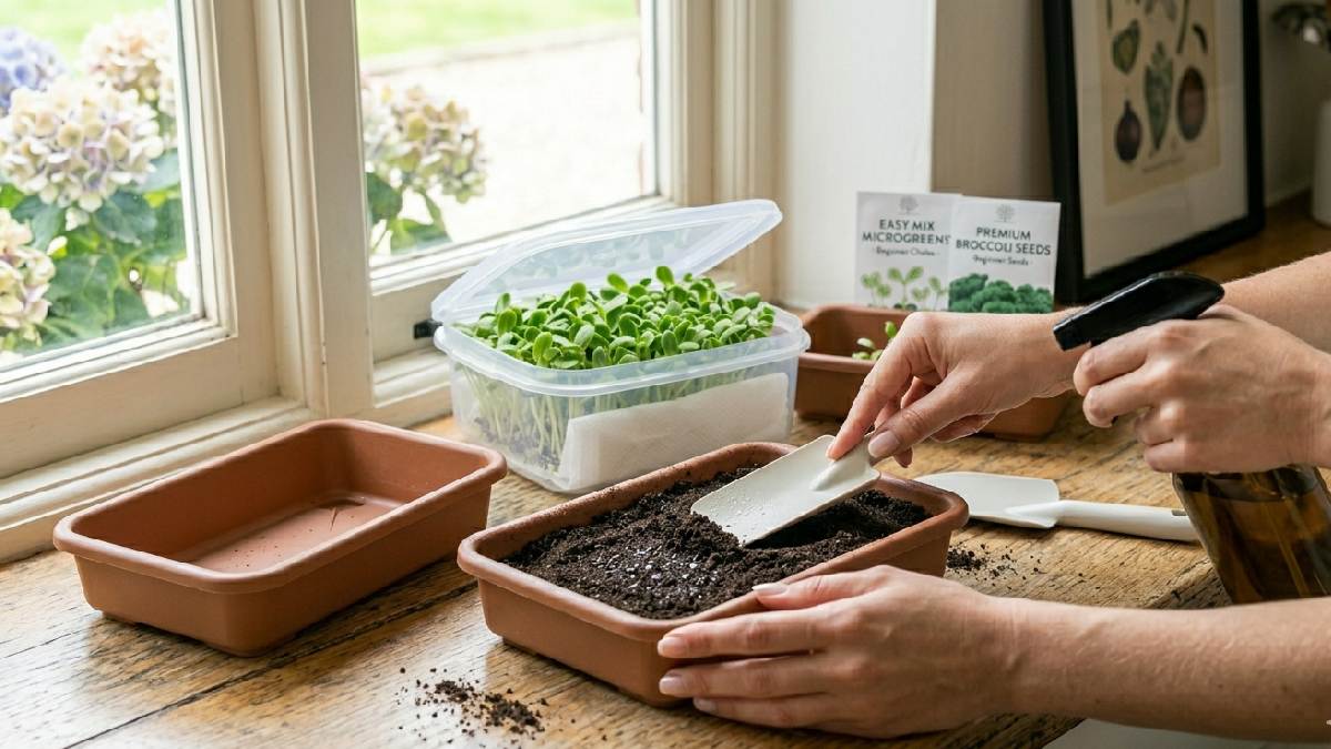 Prepare a clean tray, add soil or mat, spread and press evenly, gently moisten lightly, avoid overwatering, for strong, stable microgreens growth base.