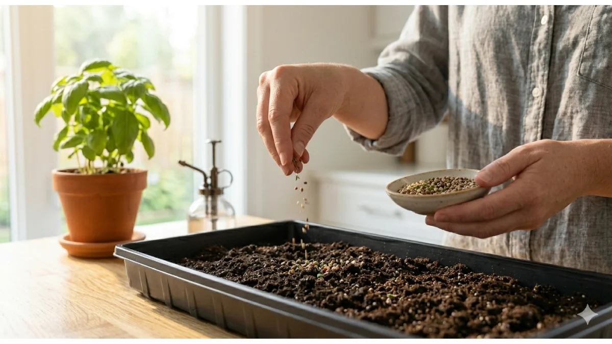 Sprinkling microgreens seeds on soil.
