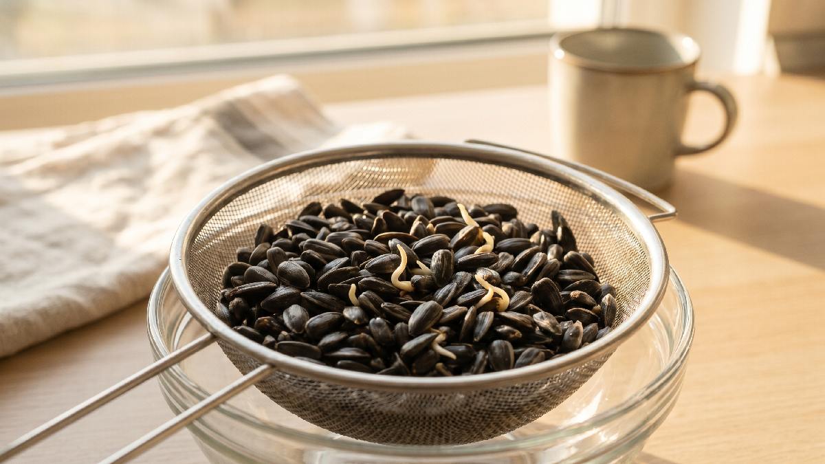 Drain water completely, rinse once or twice, leave in strainer until tiny roots appear. Keep slightly moist not wet, this step improves germination and growth consistency greatly. 