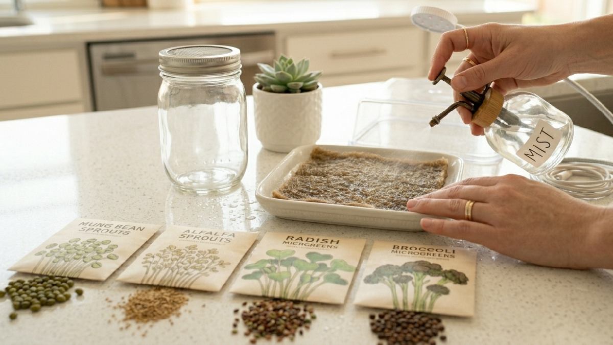 Clear space, clean jar for sprouts, shallow tray with flat damp mat for microgreens. Take time here, clean setup always gives better smoother results in end. 