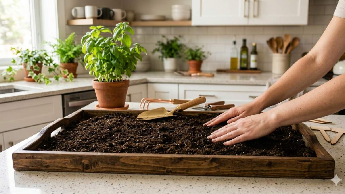 "Hands spreading growing medium soil evenly in a planting tray."