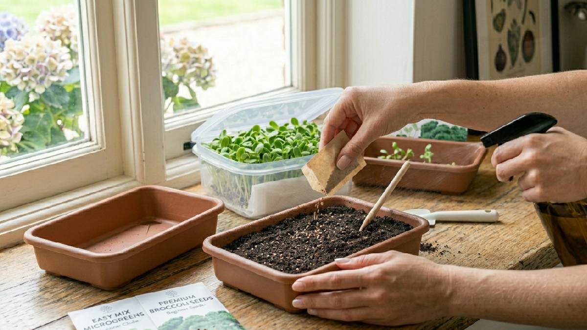Sow seeds evenly, avoid overcrowding, press lightly, mist gently for good contact. Balanced spacing gives strong, uniform microgreens, healthy growth results.
