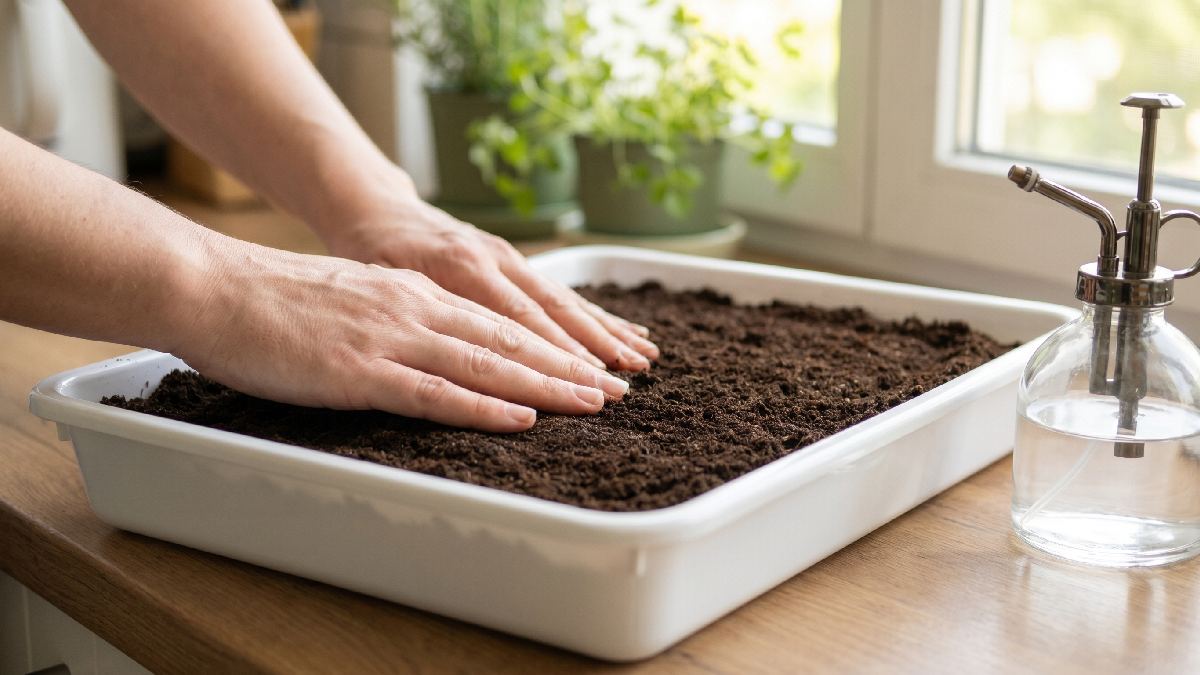Clean tray properly, place flat growing mat or thin soil layer inside, mist lightly until surface feels damp not soaked, good base supports full sunflower microgreens growth cycle. 