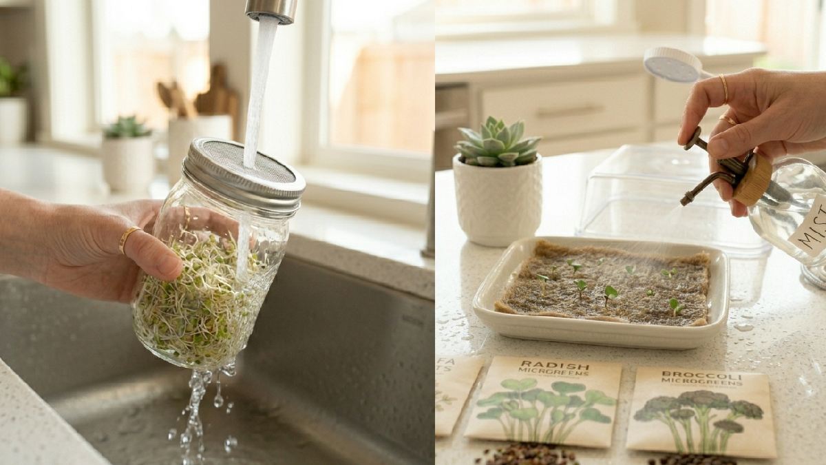 Rinse sprouts twice daily morning and evening. Mist microgreens lightly with spray bottle, medium stays damp not wet, consistency matters more than perfection, steady routine wins. 
