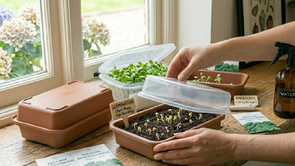 Cover tray, keep dark and moist seeds germinate, roots form below the surface. Patience is needed; sprouts appear evenly for healthy growth to start.