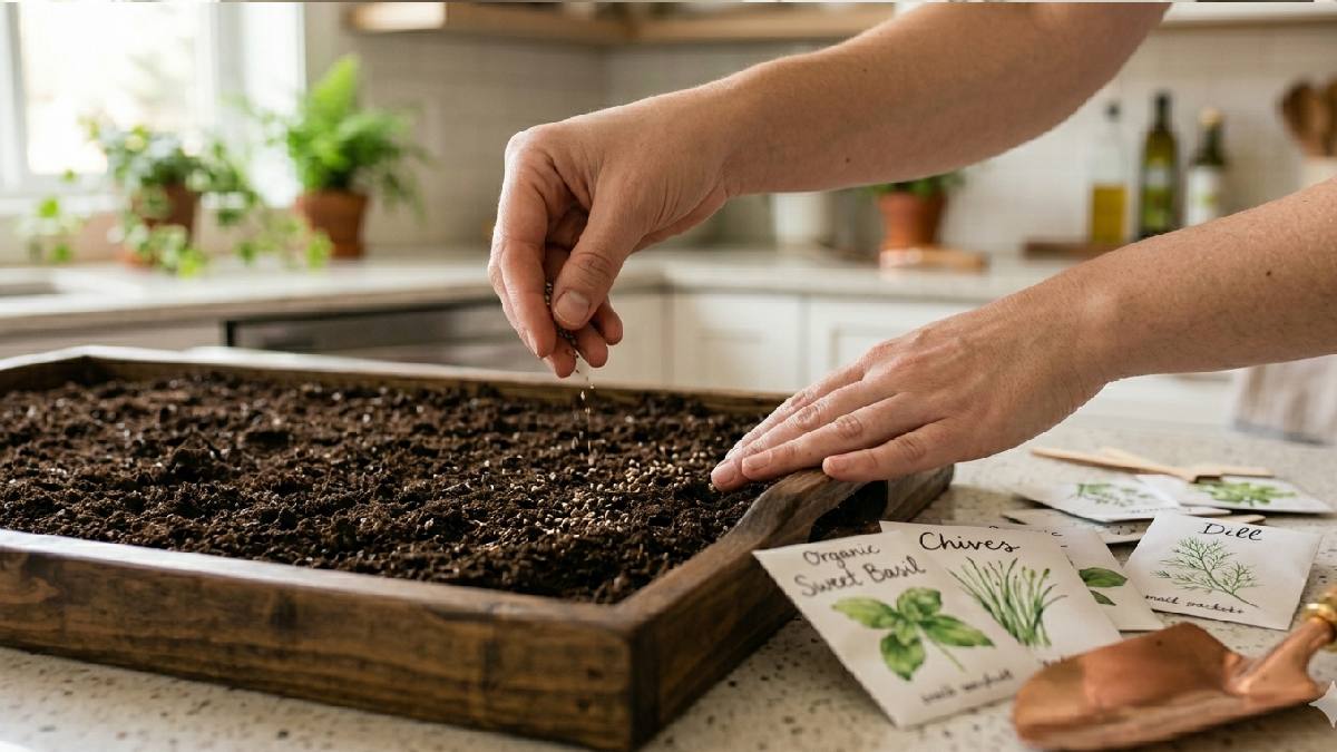 "Hands evenly sprinkling seeds over soil in a planting tray."