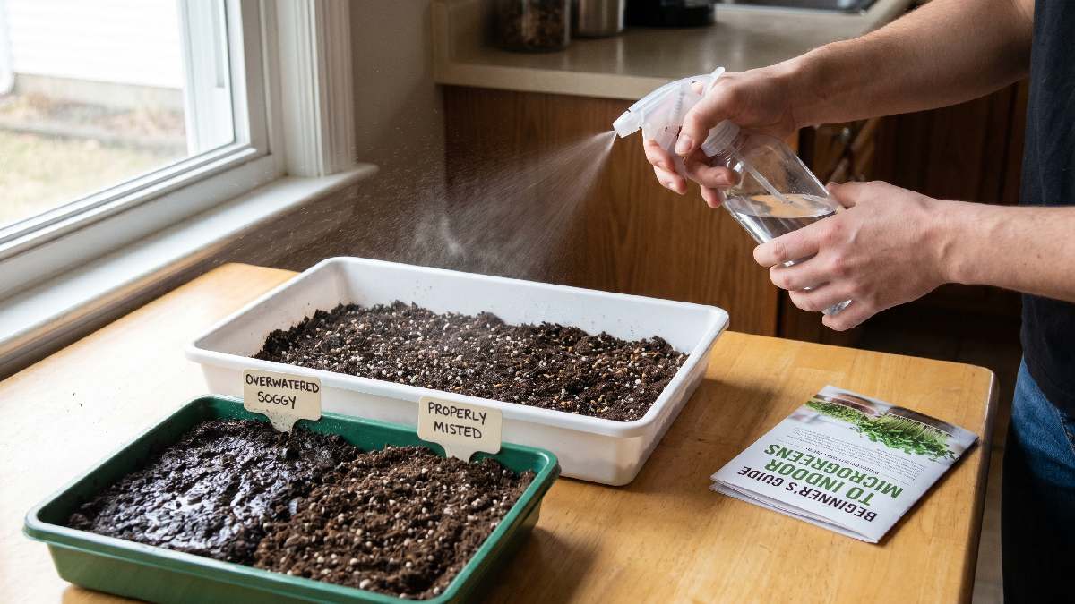 Use a spray bottle to mist, keep soil moist, not soaked. Check the daily balance of water properly for healthy microgreens growth indoors.