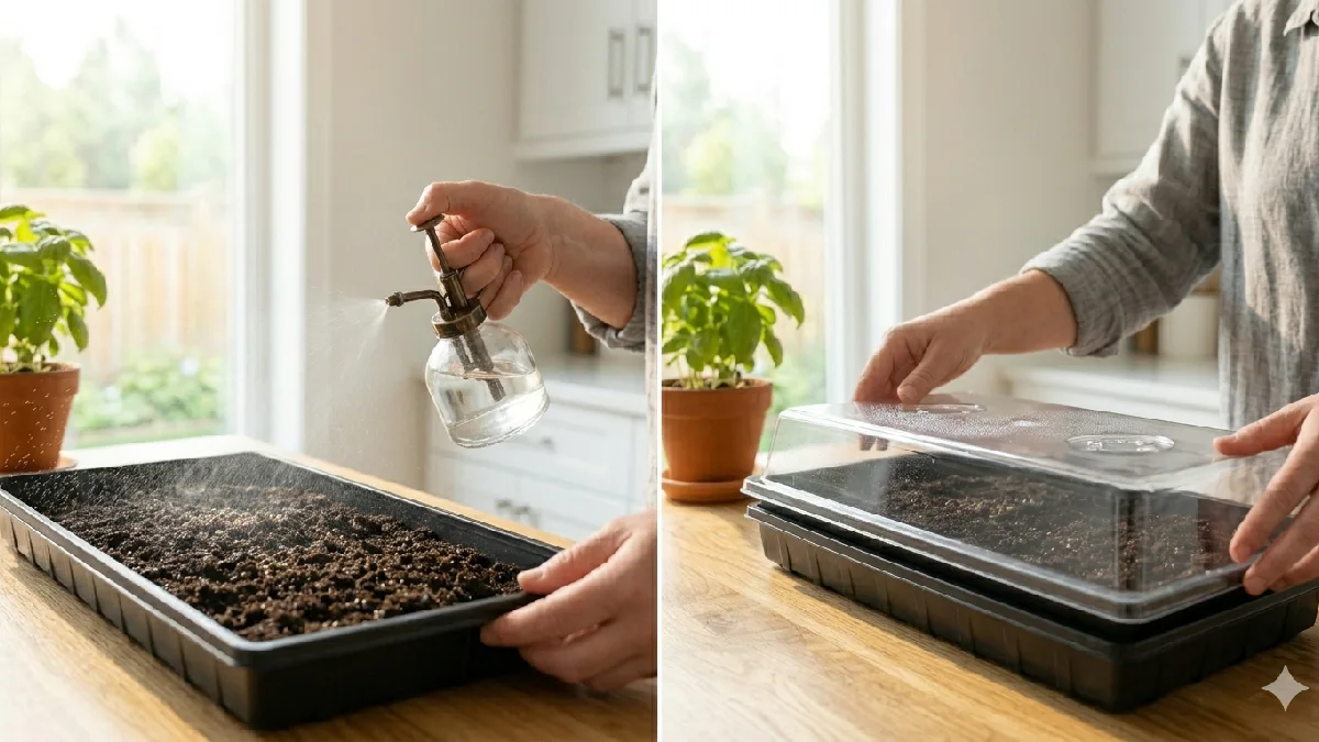 Watering and covering microgreens seeds.
