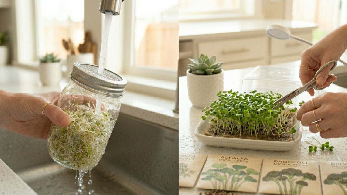 Sprouts ready in 2 to 5 days, rinse before eating. Microgreens ready in 7 to 14 days, cut above mat with scissors, timing matters. 