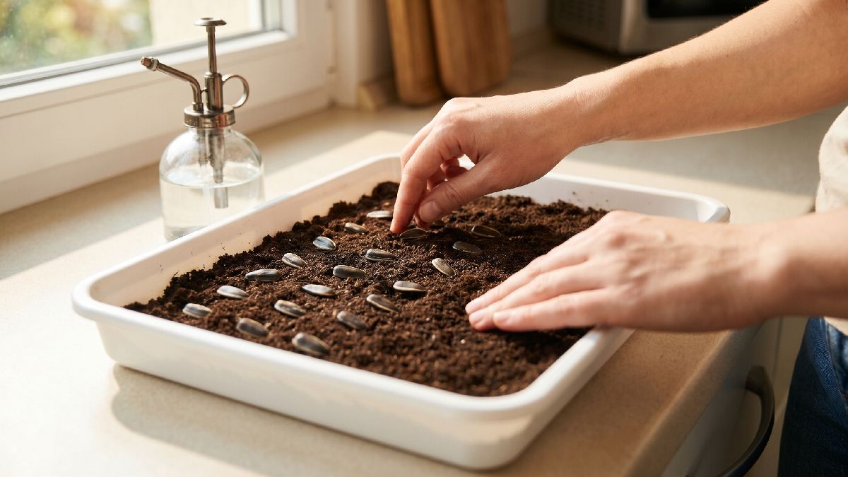 Spread soaked sunflower seeds evenly across tray with small gaps between each seed. Press gently into medium, mist again, even distribution decides how clean healthy final tray looks. 