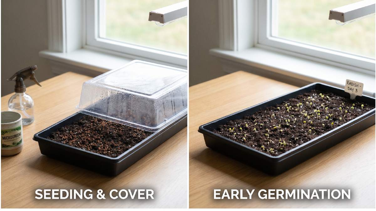 Cover tray to keep moisture and warmth inside help seeds germinate faster remove cover after sprouts appear for healthy growth.