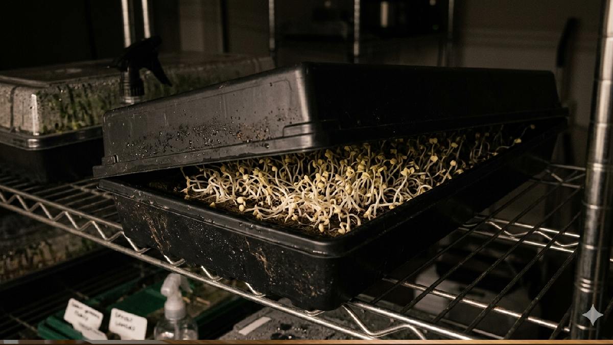 Microgreens seeds germinating in a covered tray during dark period