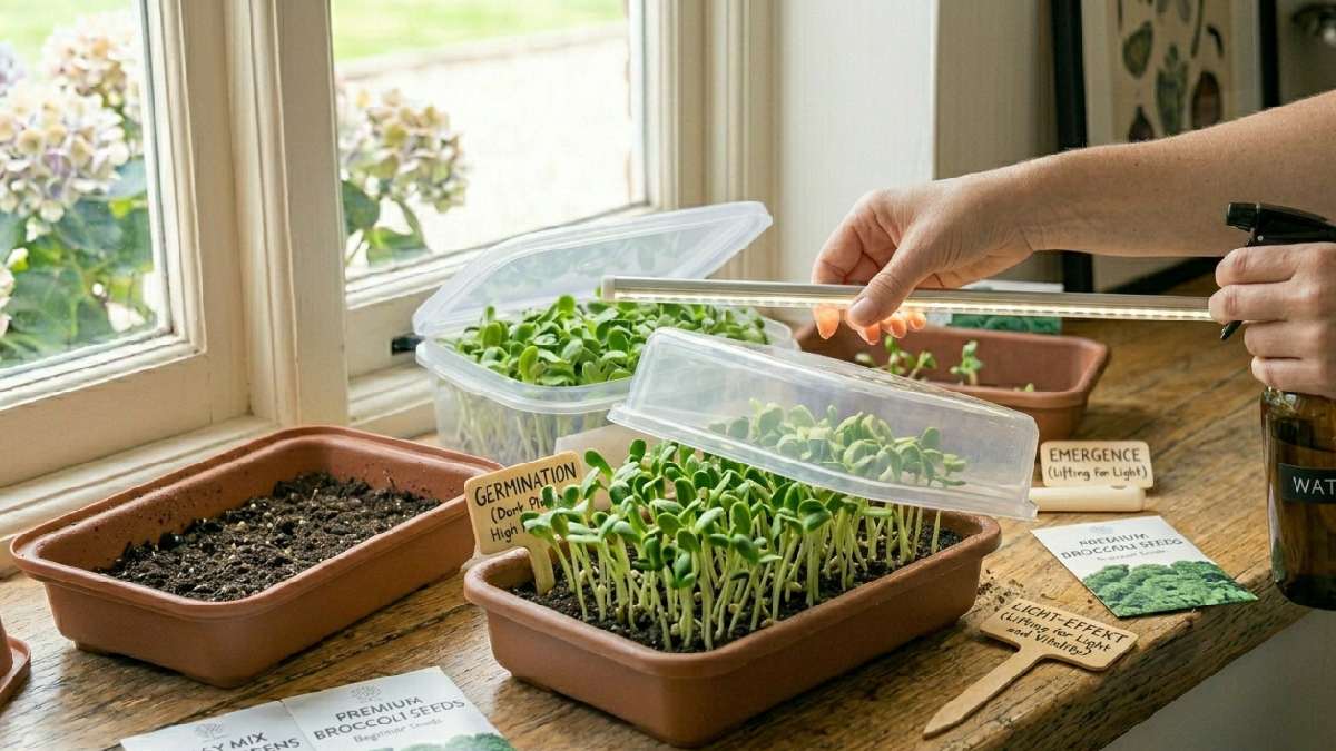 Move sprouts to a light window or LED grow strong green firm stems, avoid stretching. Provide steady daily light for healthy growth.