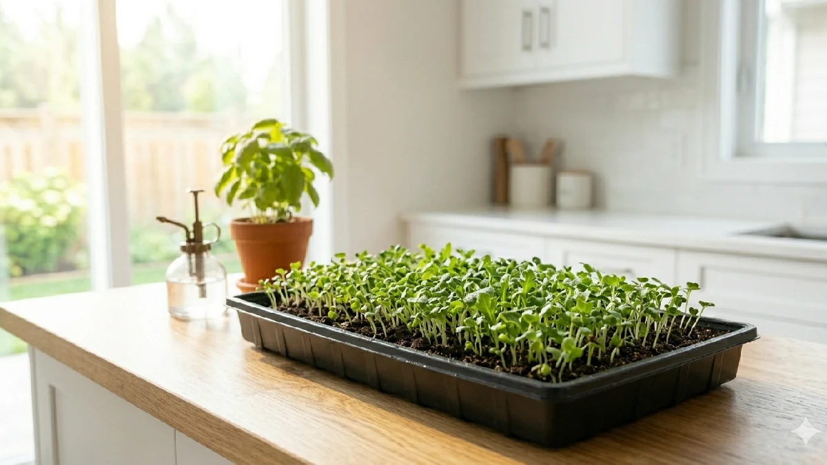 Microgreens growing under sunlight.
