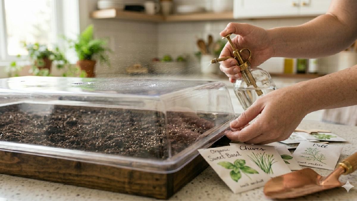 "A spray bottle watering seeds in a tray, then a clear cover placed on top to keep moisture."
