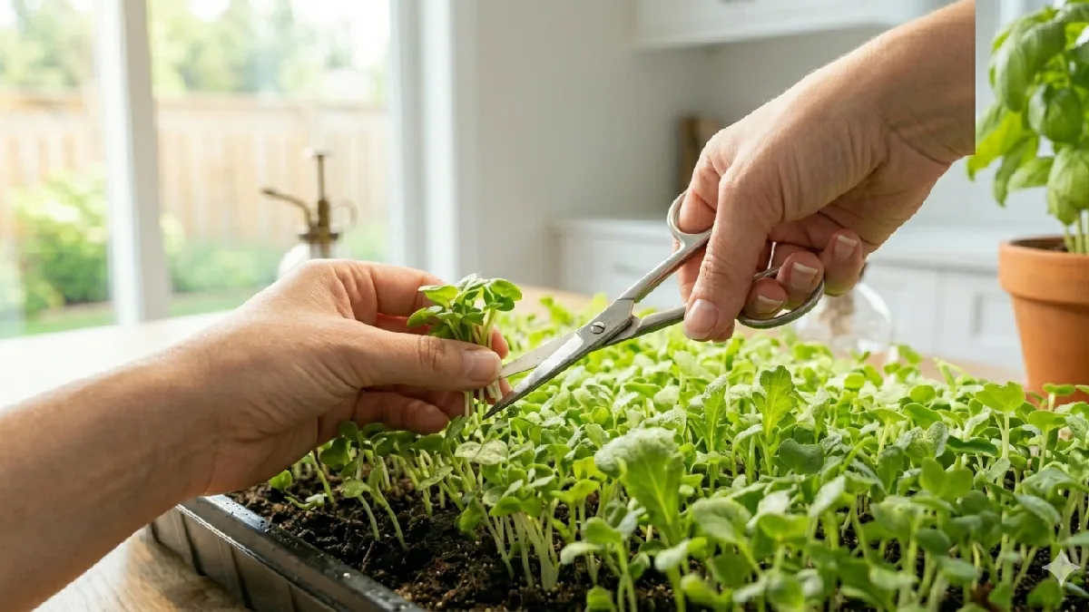 Cutting fresh microgreens from a tray.
