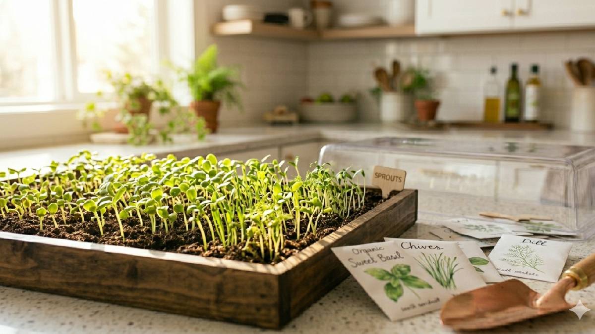 "Young seedlings receiving light near a window or under a grow light."