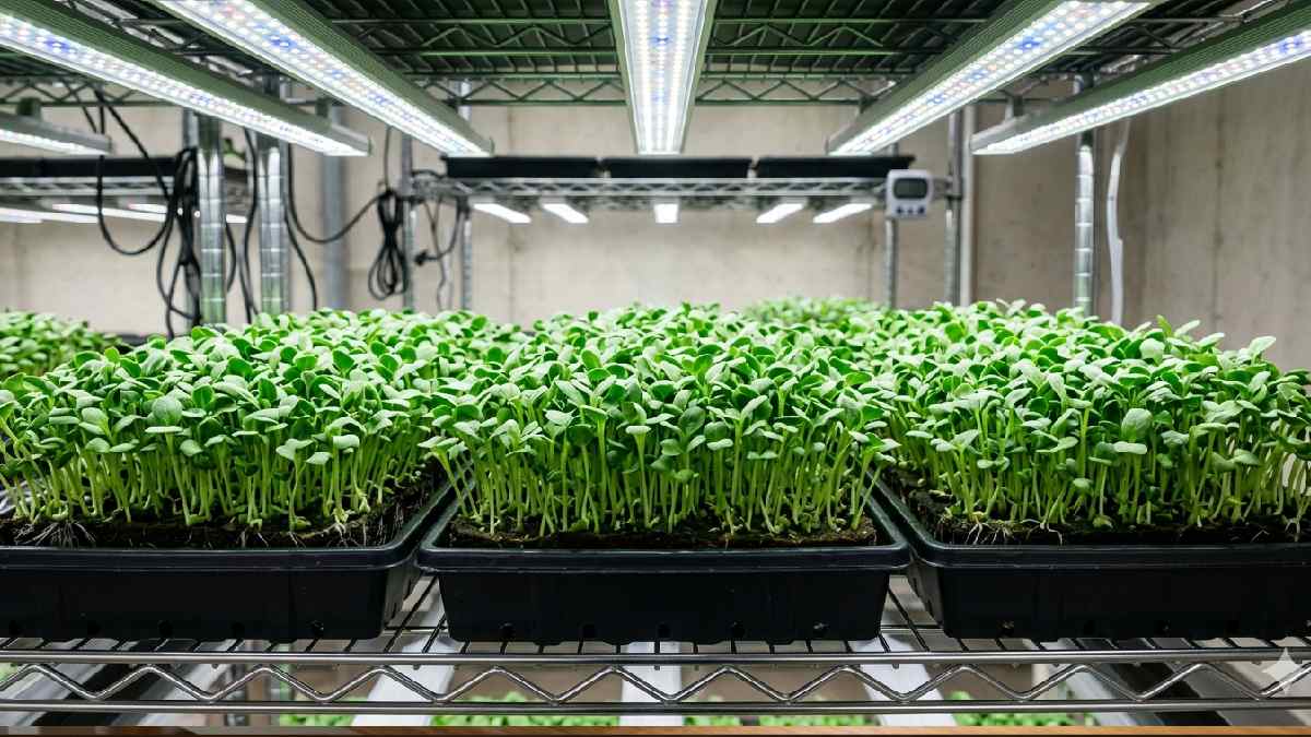 Microgreens growing under LED light after germination