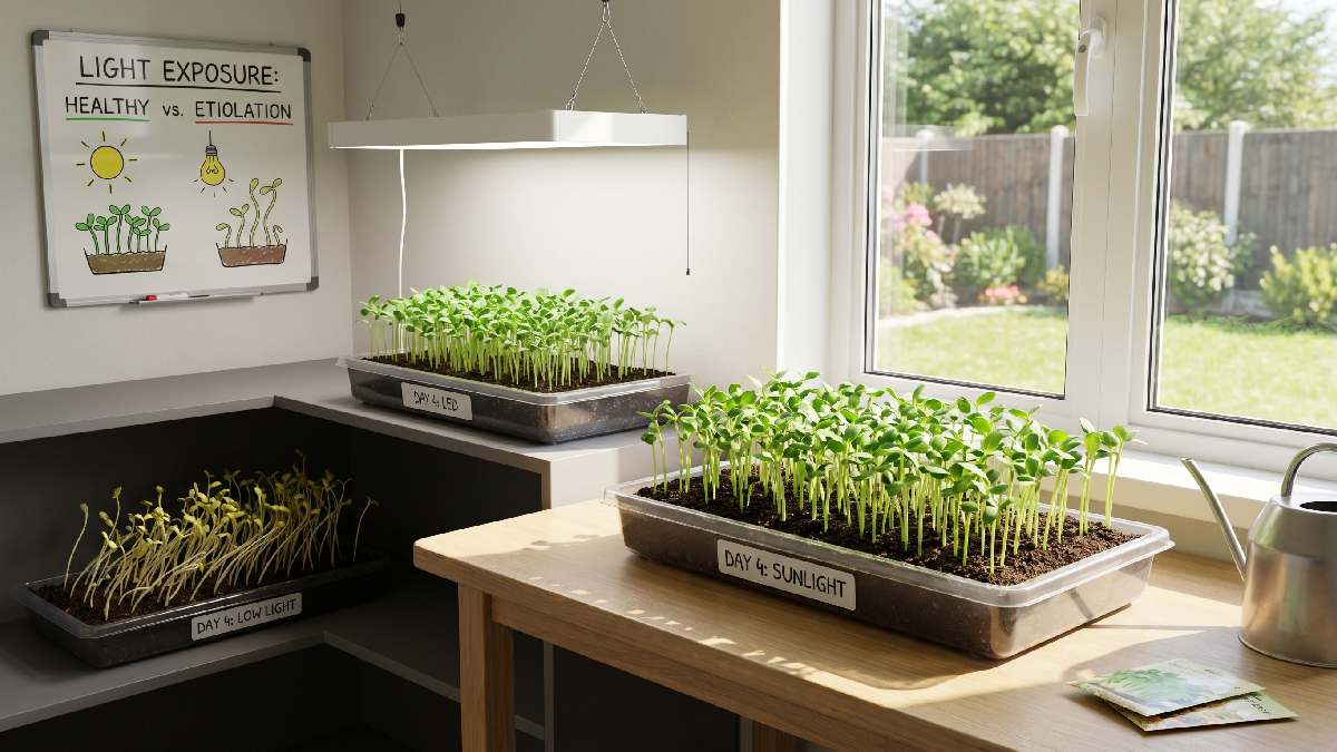 Place sprouts near sunlight or LED light; healthy green growth needs proper light to avoid weak, pale stretching indoors.