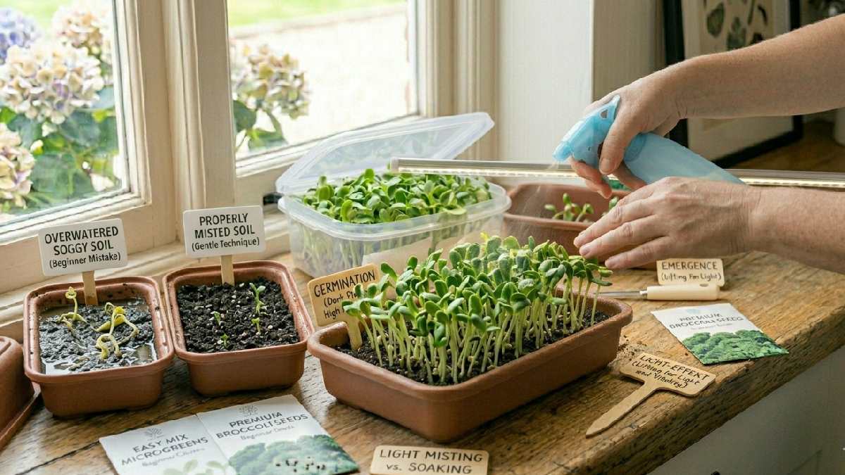 Light mist daily, avoid overwatering, check moisture balance, soil stays consistent, healthy growth, strong microgreens, simple care, better results always.