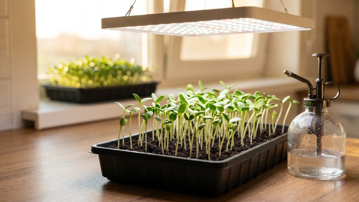 Remove cover after germination, place tray under window or LED light. Mist lightly, keep medium damp not soaked, rotate tray sometimes, leaves turn green fast daily. 
