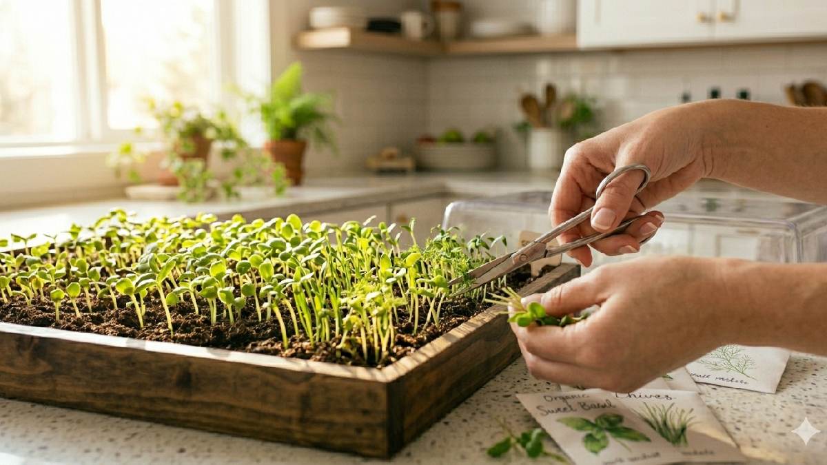"Hands cutting fresh microgreens from a tray using scissors."