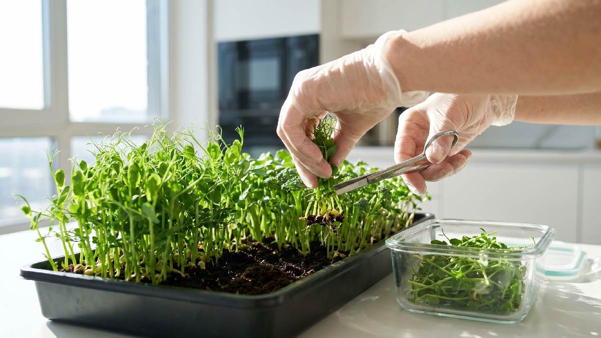 Harvest microgreens at one to three inches above the soil using clean scissors, with a fresh taste, texture, and ready to use immediately.
