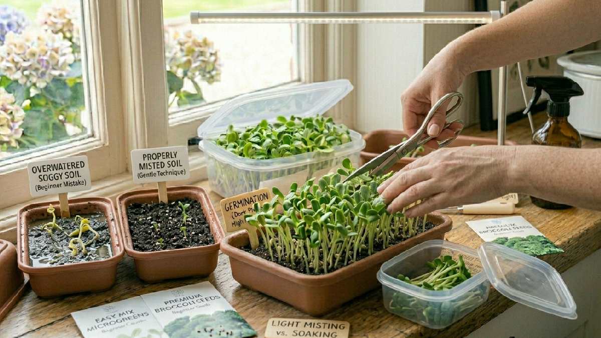 Harvest microgreens when true leaves appear, cut with scissors above the soil, avoid pulling roots, fresh, clean taste, perfect timing matters.