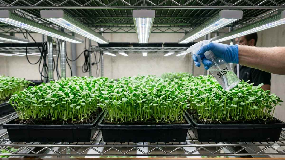 Watering and maintaining hydroponic microgreens with light misting
