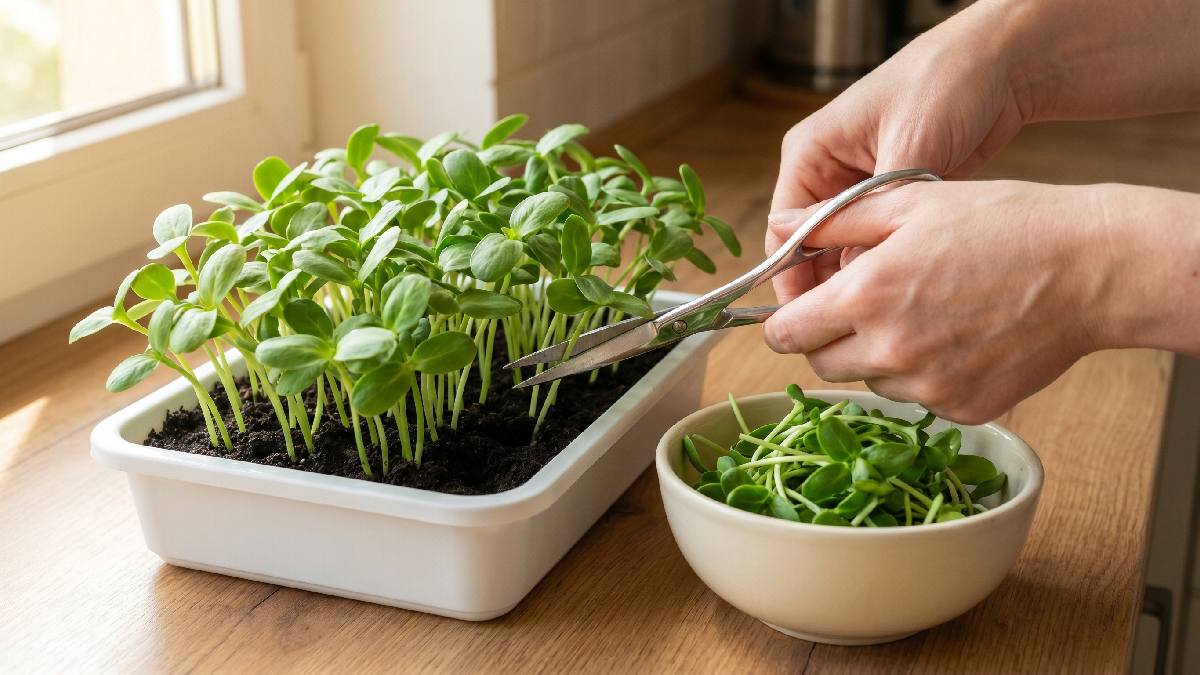 Harvest sunflower microgreens at 7 to 10 days when leaves open and stems feel firm. Cut above base with clean scissors, early harvest gives best flavor and crunch. 