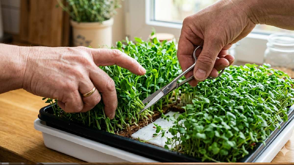 Harvesting hydroponic microgreens with scissors from tray