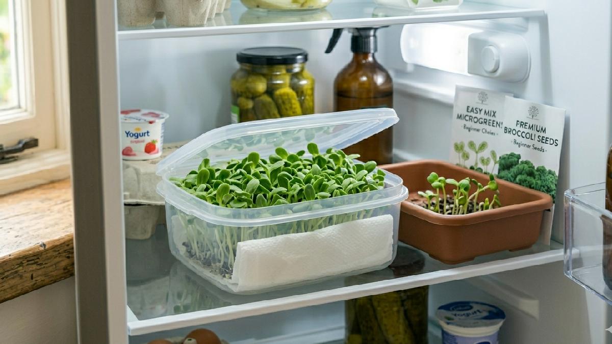 Store microgreens in a clean container with a paper towel. Keep the fridge cool, not too cold. Avoid excess moisture for longer freshness on days.
