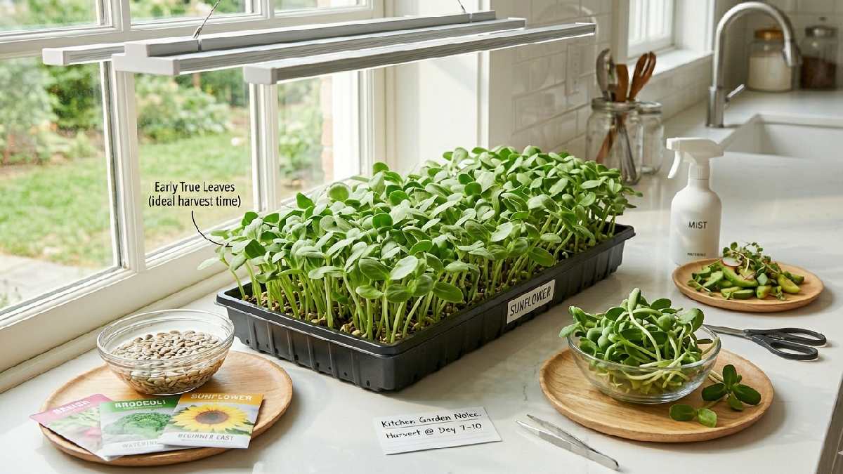 Sunflower microgreens are thick strong high yield easy to grow. nutty flavor ideal for salads reliable indoor crop beginners friendly.