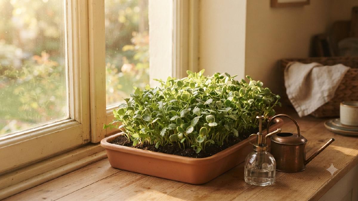 Microgreens tray placed in a warm sunlit spot indoors