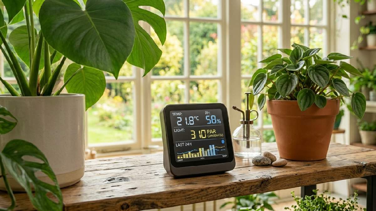 A digital thermometer and light meter placed beside green indoor plants showing temperature and light readings on a wooden shelf. 