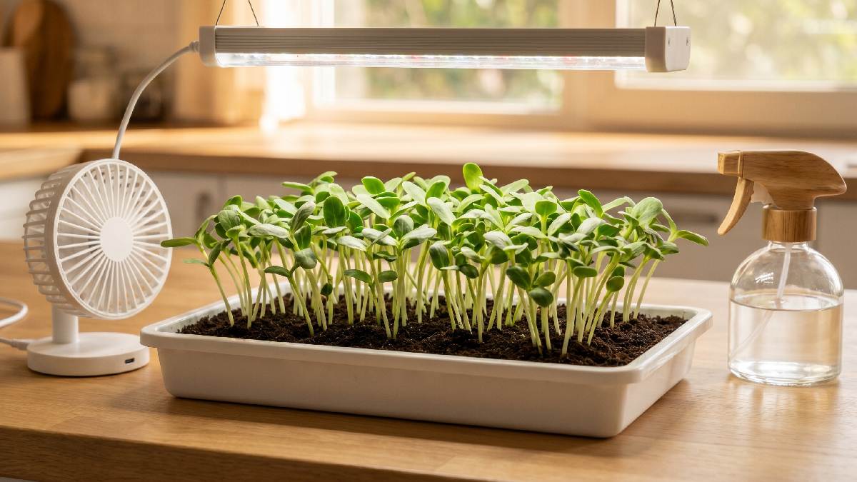 Soak seeds properly, spread evenly, keep water balanced, light steady, airflow gentle. Remove stuck seed shells carefully, harvest on time, small care brings thick fresh better yield. 