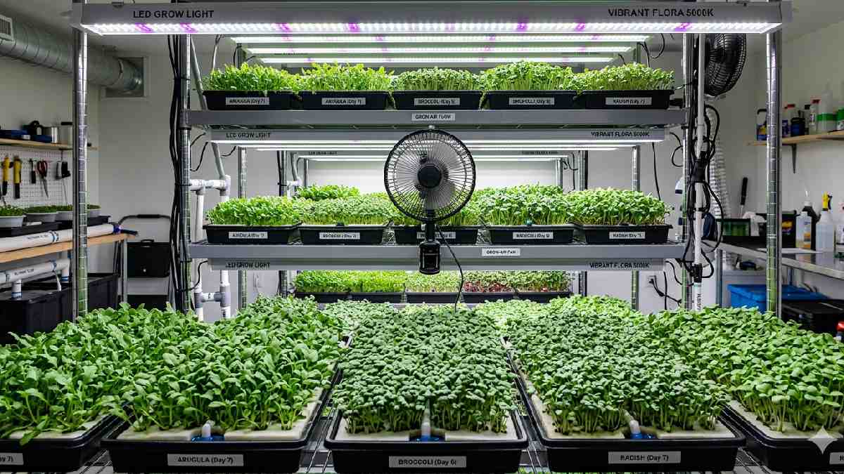 Healthy high-yield hydroponic microgreens growing in clean indoor setup