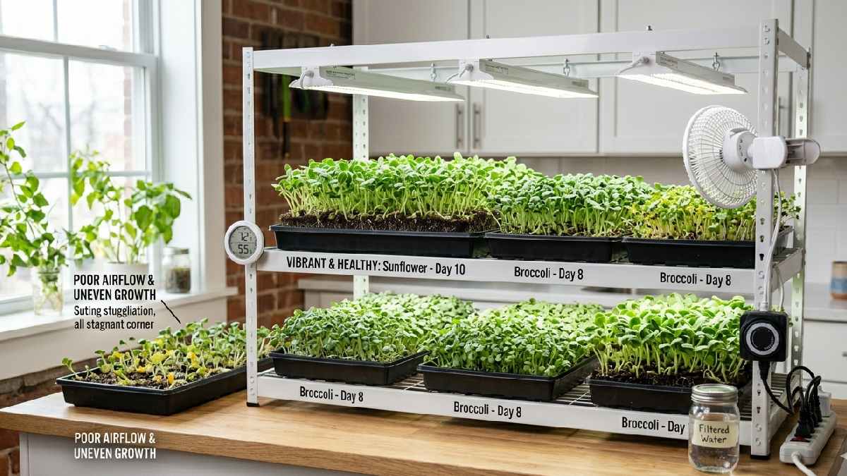 Balanced light airflow, watering, and placement maximize indoor microgreens growth. Consistency matters more than constant changes for healthy harvest results.