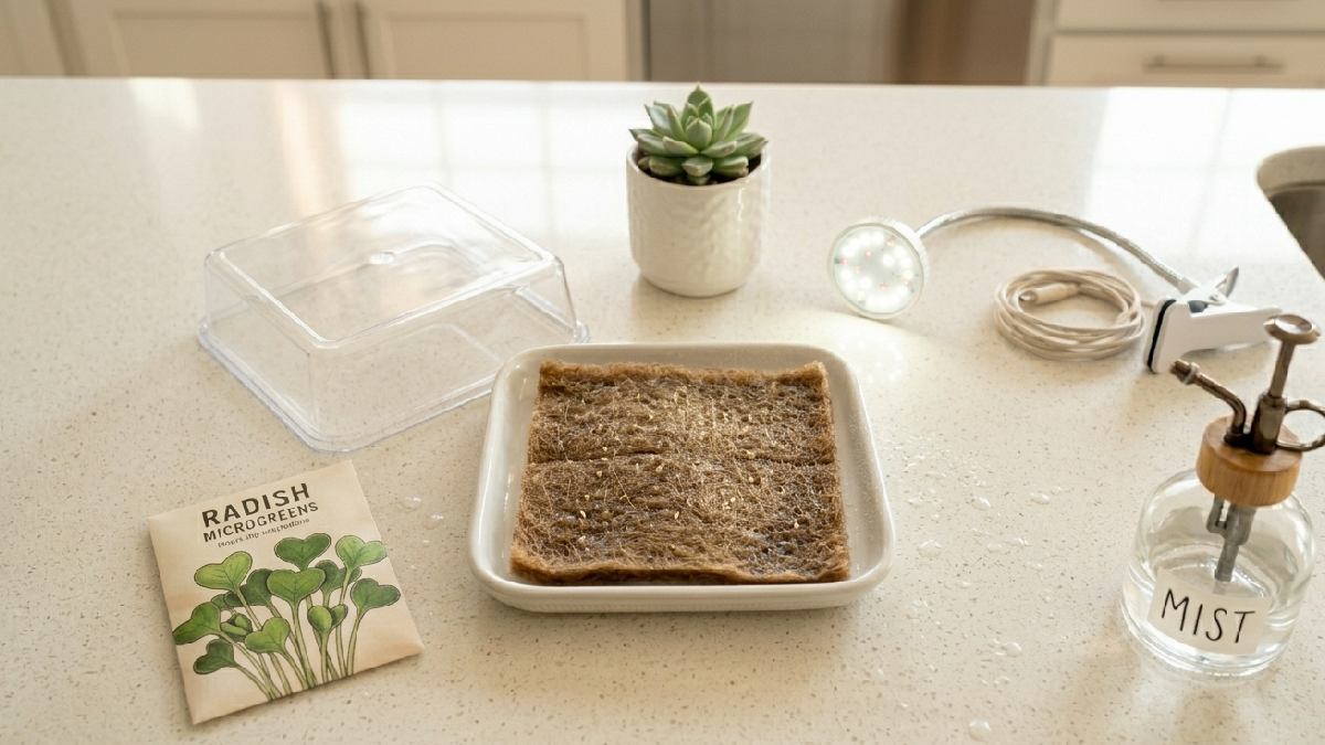 Shallow tray, growing mat, seeds, spray bottle, light source and simple cover are all you need. Basic tools, small kitchen corner, steady care, microgreens grow easily. 