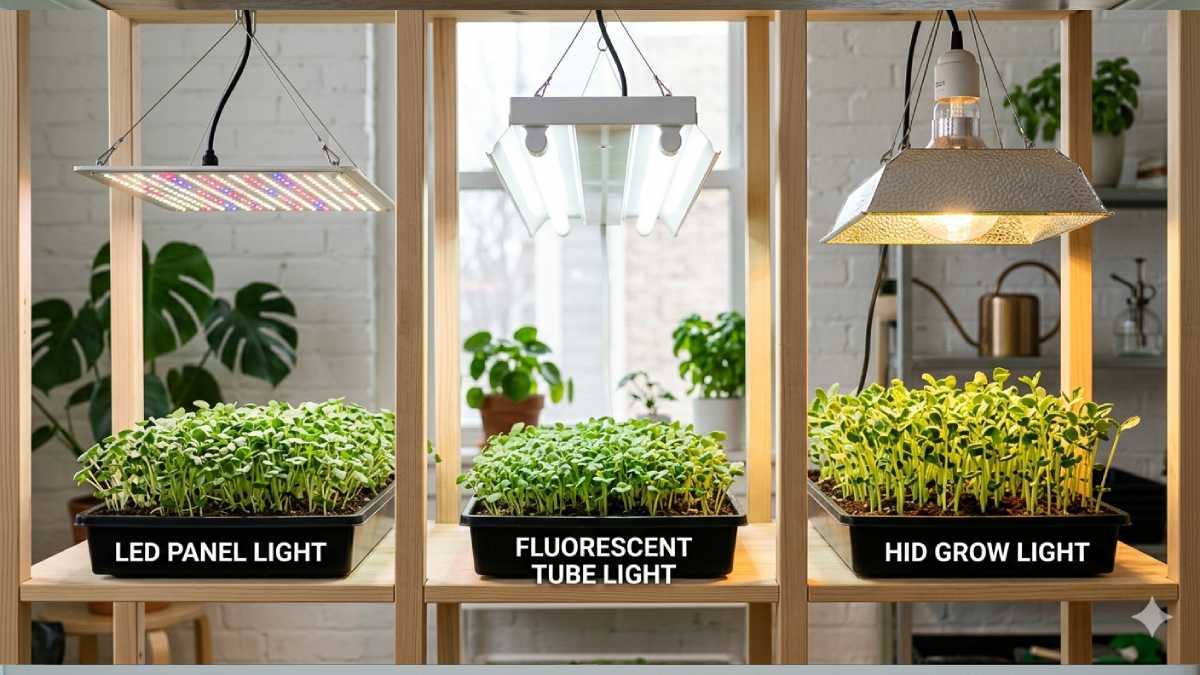 Different types of grow lights for microgreens including LED, fluorescent, and HID lights