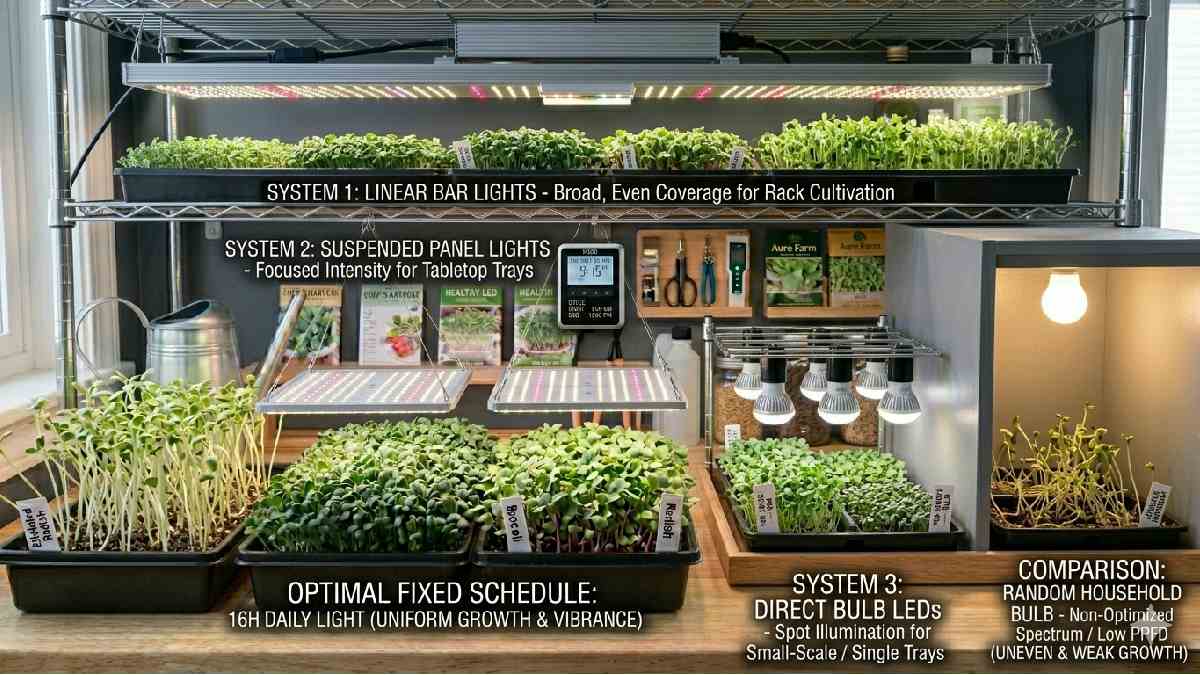 Different LED grow lights suit racks, shelves, or trays proper choice improves coverage intensity and healthy microgreens growth indoors.